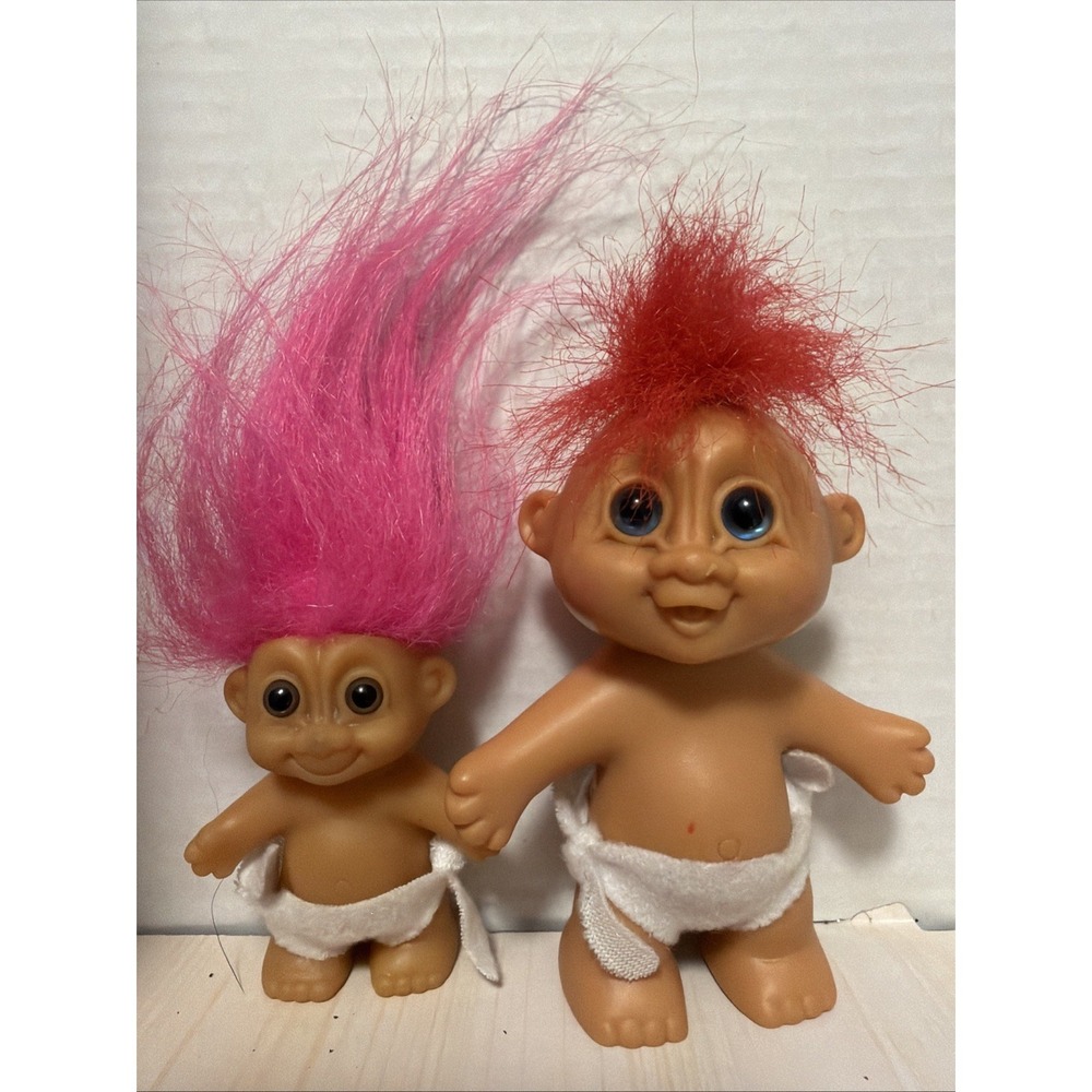 Vintage Russ‎ Berrie Baby Troll Dolls Pink Red Hair Heart Diaper Set of 2 18131